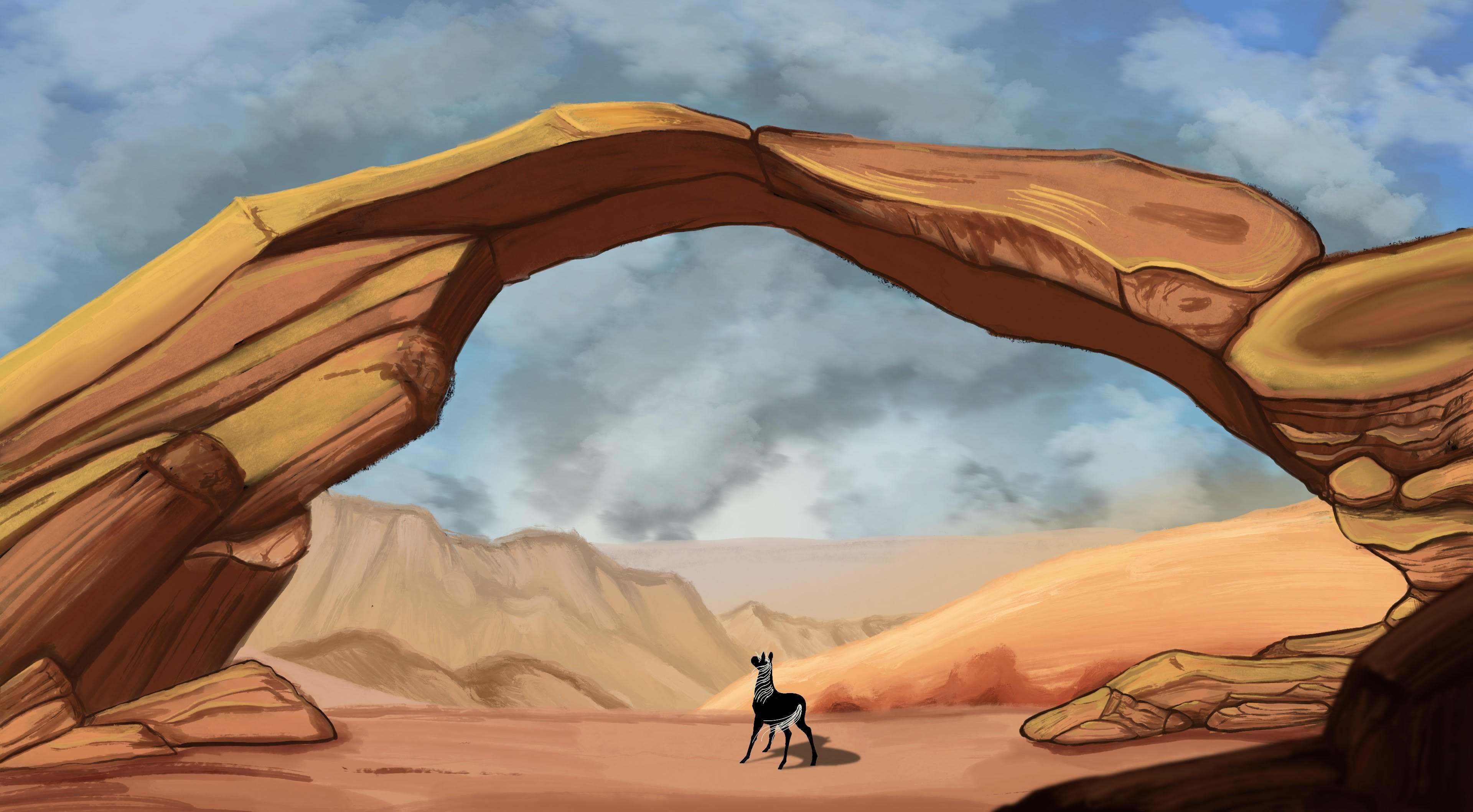 digtal artwork of a rock landscape with a black horse with a white mane